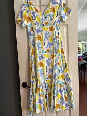 Abstract Floral V-Neck Midi Dress in White, Yellow & Lavender